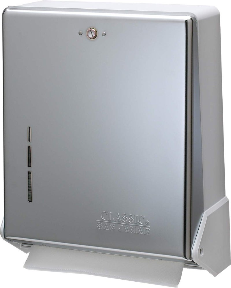San Jamar True Fold Paper Towel Dispenser Holds Multifold/C-Fold Towels for Bathroom, Kitchens, and Restaurants, Metal and Plastic, 14.5 x 11.375 x 5 Inches, Chrome - Image 1